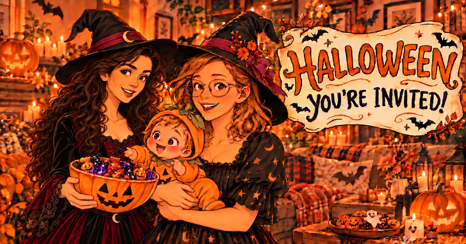 Dwie czarownice z małą gospodynią w dyniowym stroju, pośród świec, słodyczy i halloweenowych dekoracji. Tablica: Halloween, You're invited!